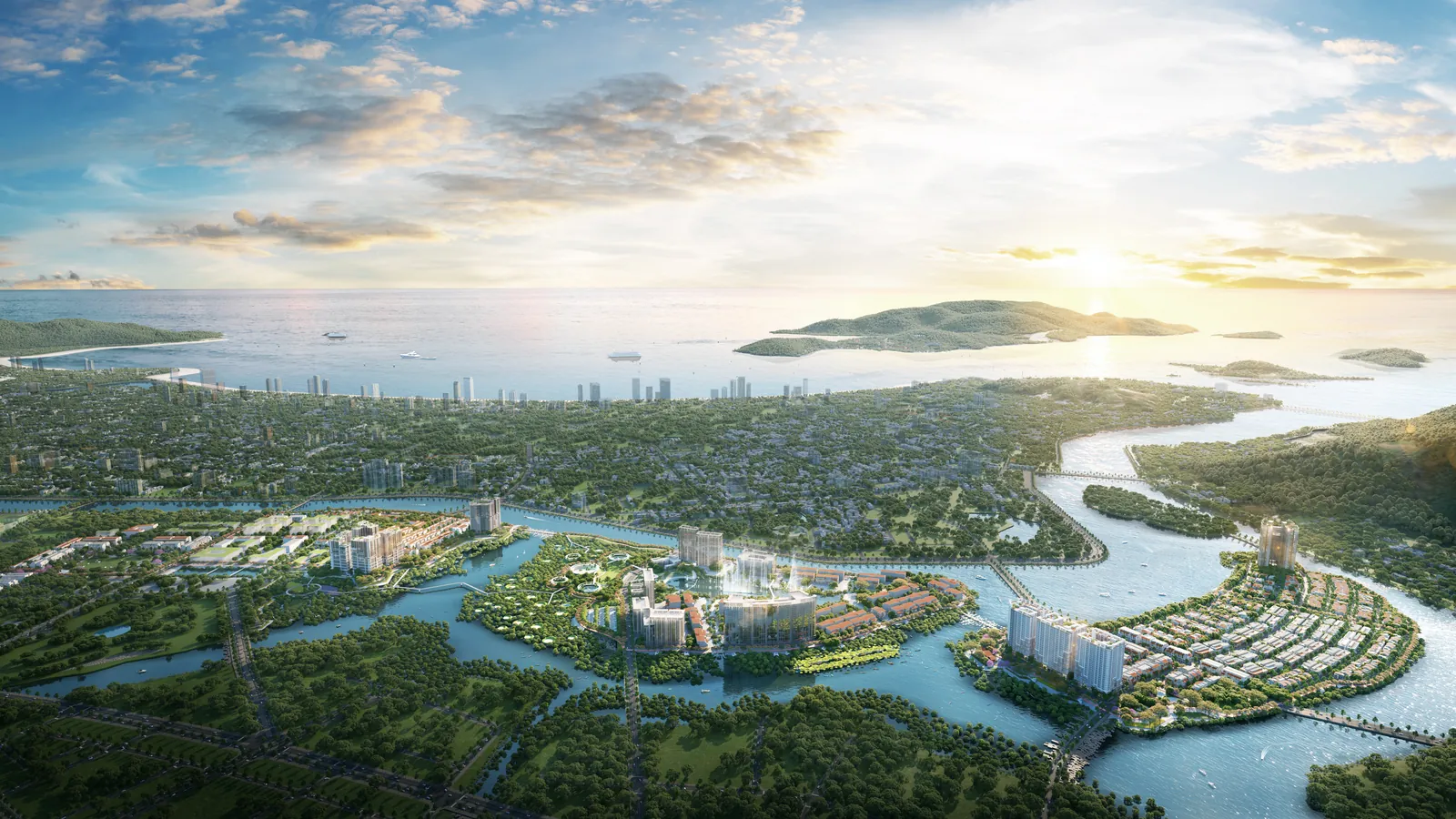 Toàn cảnh ba đảo Charmora City bên vịnh Nha Trang — phạm vi đang thi công đồng loạt