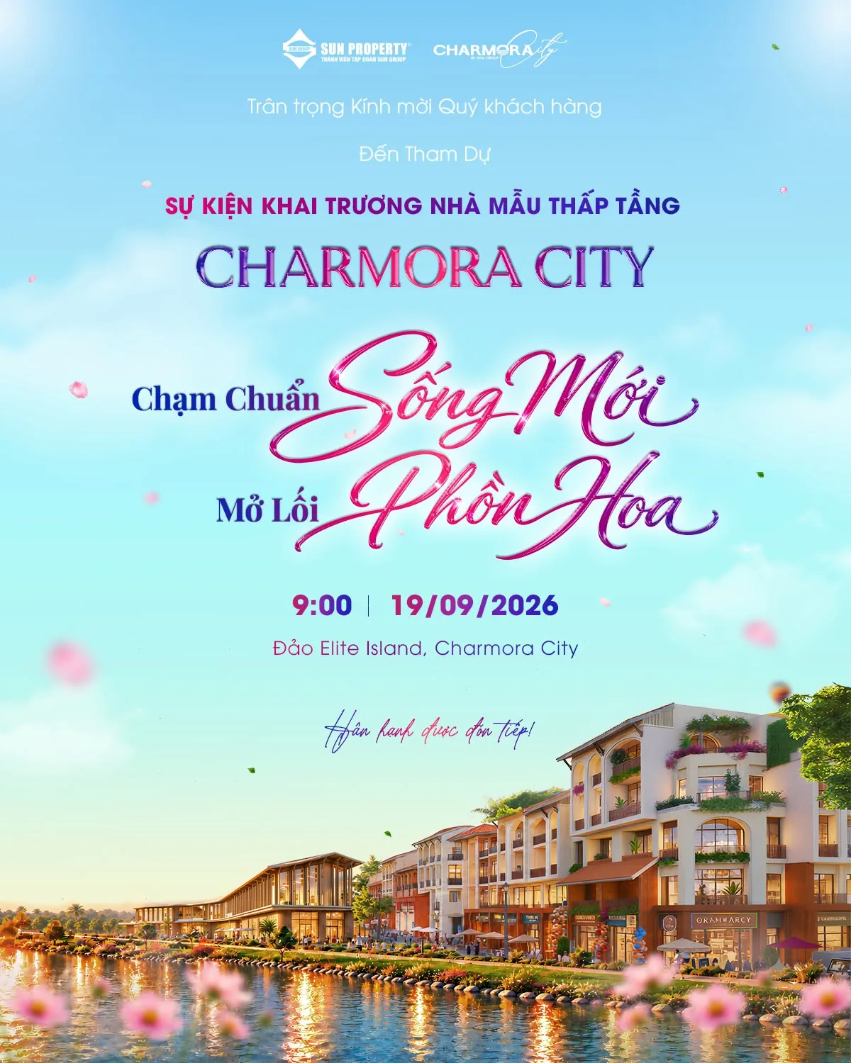 Thư mời sự kiện khai trương nhà mẫu thấp tầng Charmora City ngày 19/09/2026 tại Elite Island