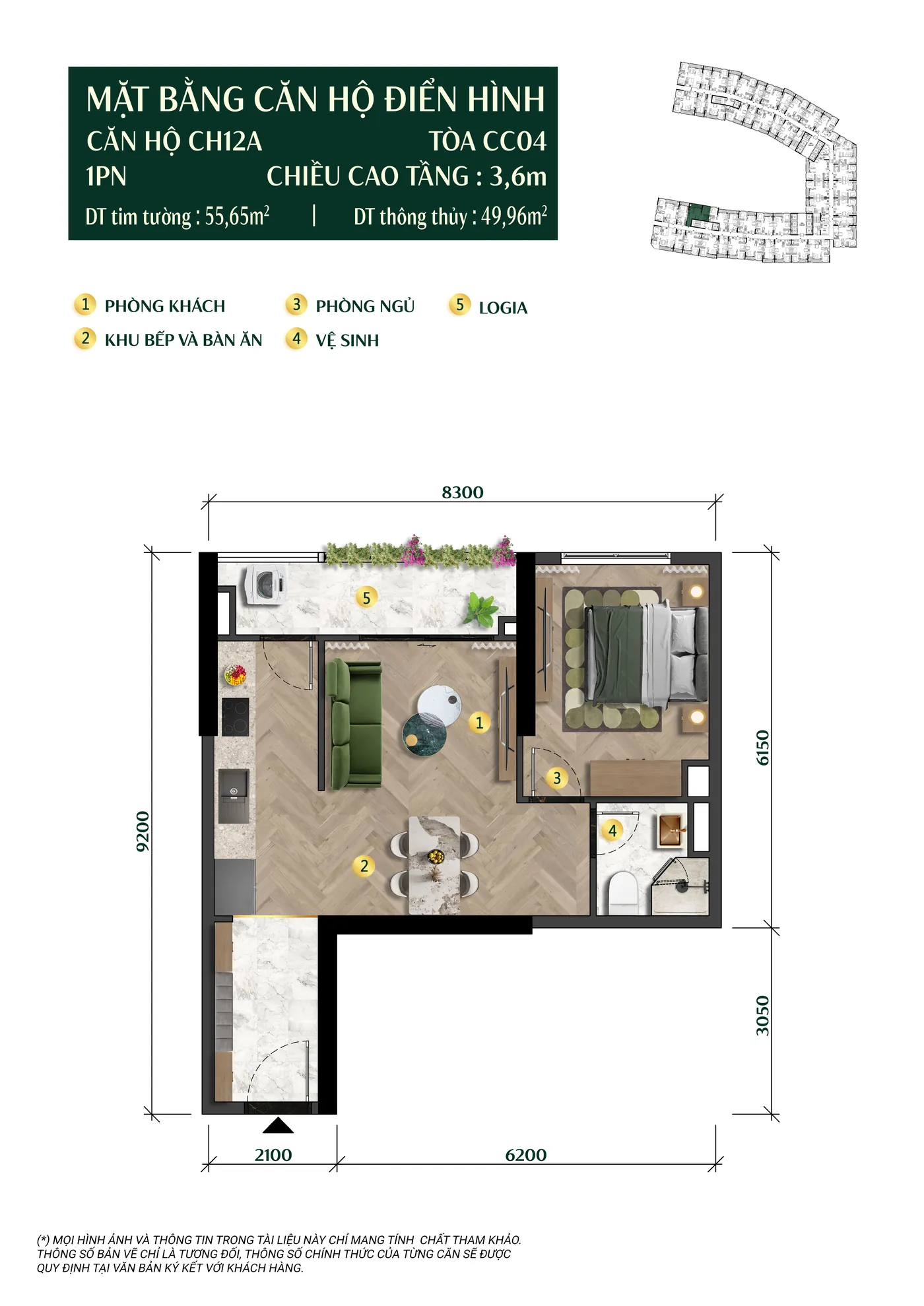 Layout căn hộ 1 phòng ngủ CH12A tòa The Charm Charmora City