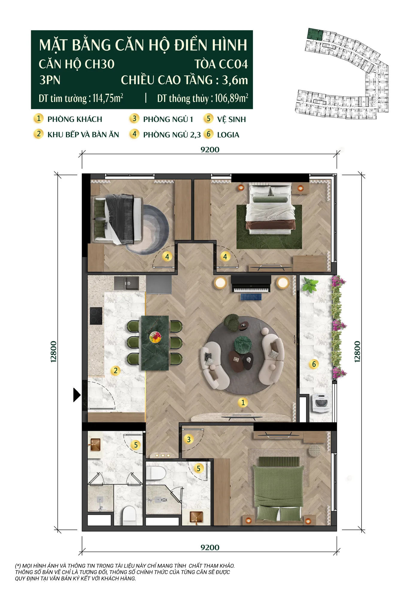 Layout căn hộ 3 phòng ngủ CH30 tòa The Charm Charmora City