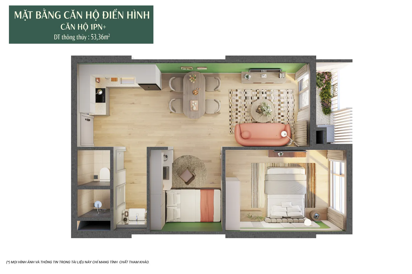 Mặt bằng 3D căn hộ 1PN+ The Fest Charmora City, diện tích thông thủy 53,36 m², có phòng ngủ phụ đặt giường đơn và bàn làm việc