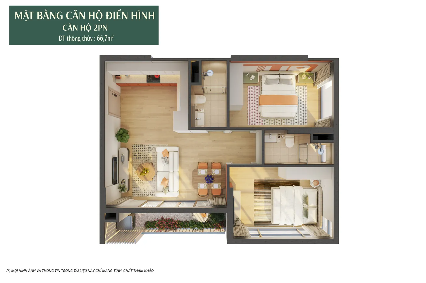 Mặt bằng 3D căn hộ 2PN The Fest Charmora City, diện tích thông thủy 66,7 m², 2 phòng ngủ 2 WC