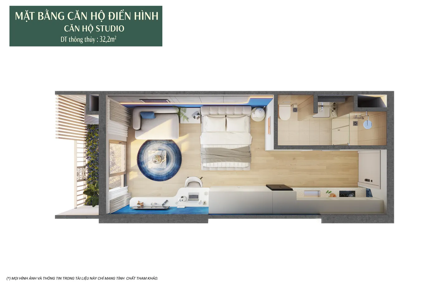 Mặt bằng 3D căn hộ Studio The Fest Charmora City, diện tích thông thủy 32,2 m²
