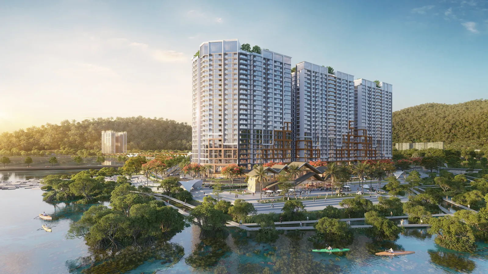 Cụm ba tháp The Onsen CC01–02–03 nhìn từ phía sông