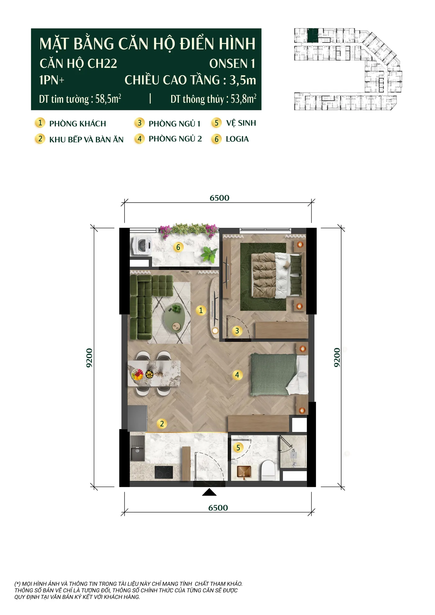 Layout căn hộ 1PN+ CH22 cụm The Onsen Charmora City