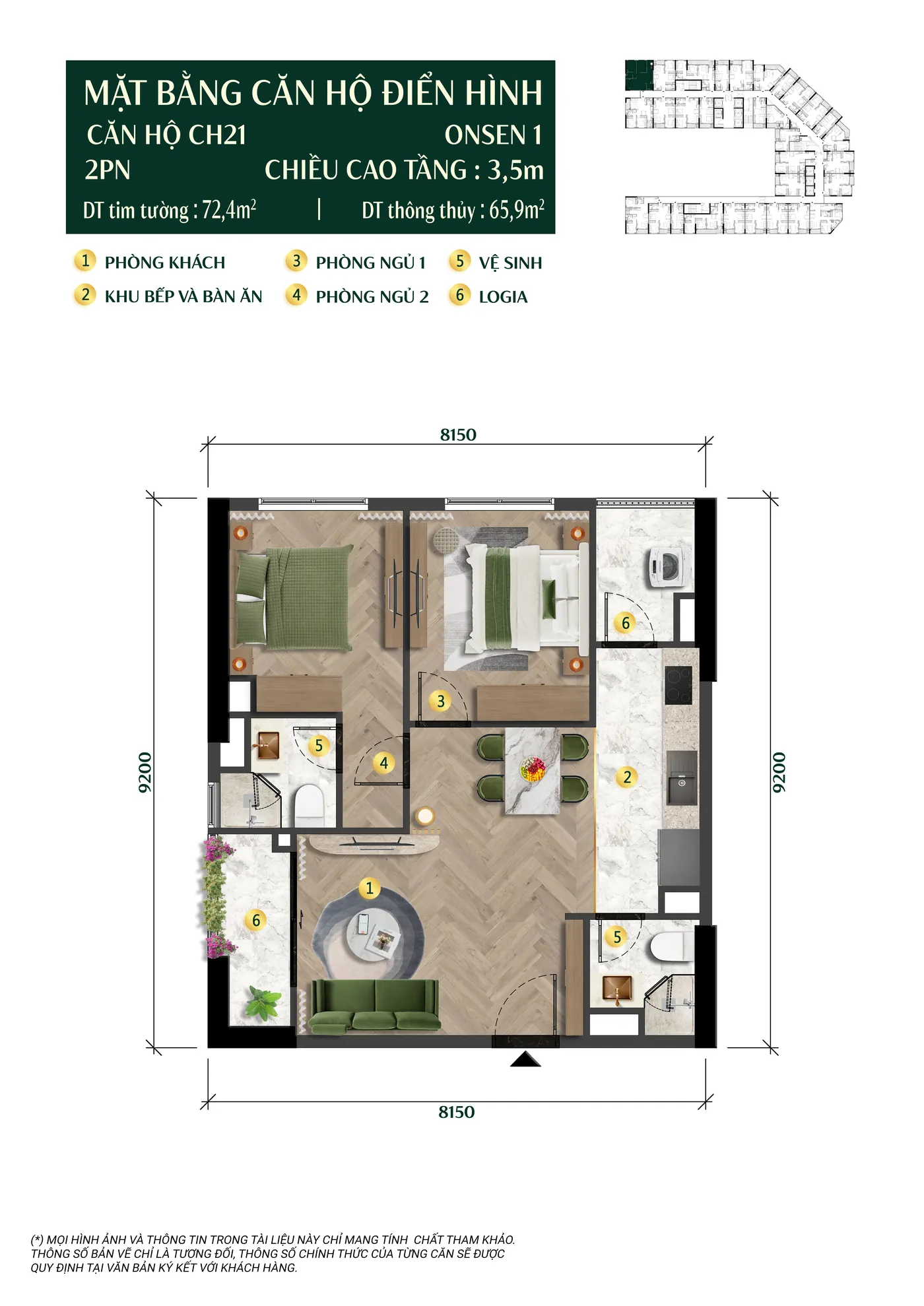 Layout căn hộ 2 phòng ngủ CH21 cụm The Onsen Charmora City