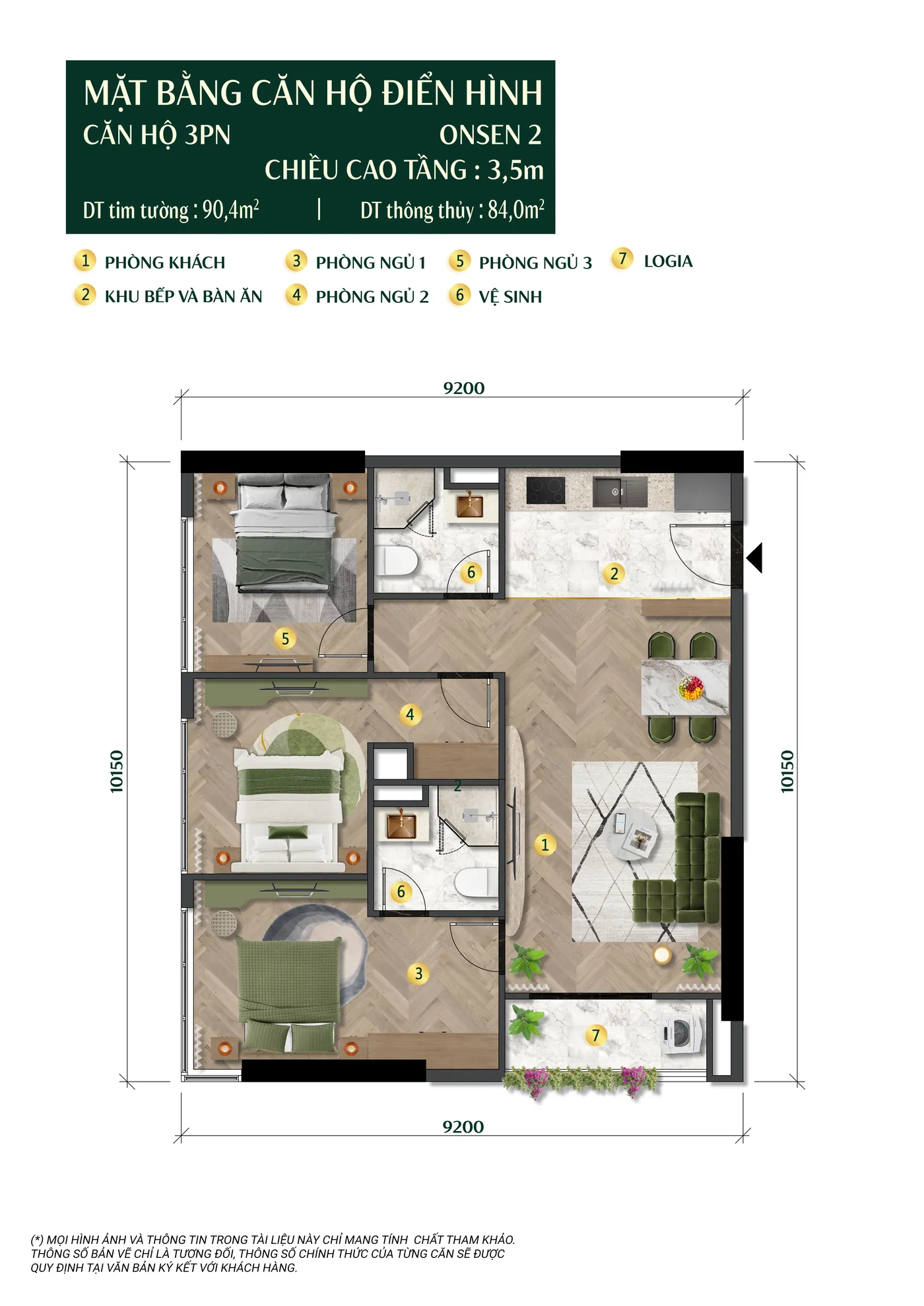 Layout căn hộ 3 phòng ngủ CH29 tòa Onsen 2 Charmora City