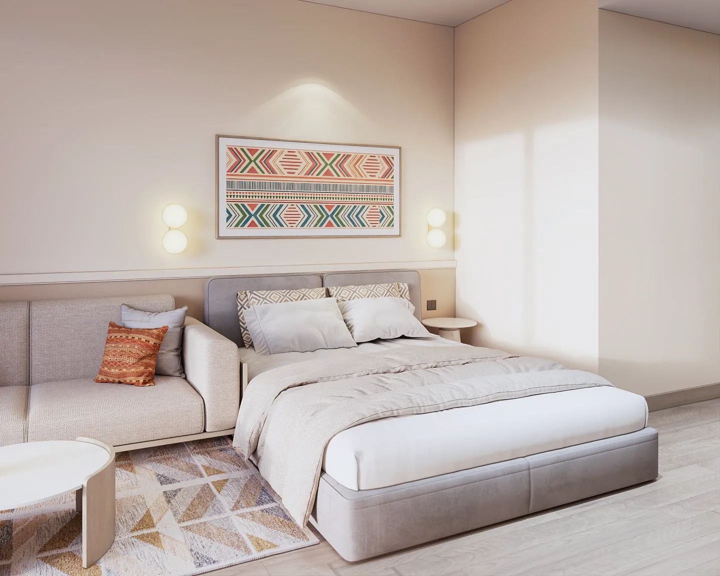 Góc bếp và khu ngủ căn hộ mẫu Studio The Onsen Charmora City