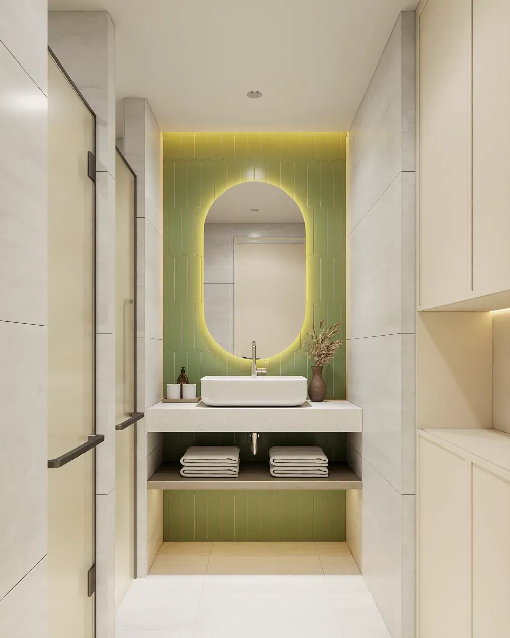 Phòng tắm căn 1PN+ The Onsen theo tiêu chuẩn bàn giao Charmora City với lavabo mặt đá, gương và vách kính