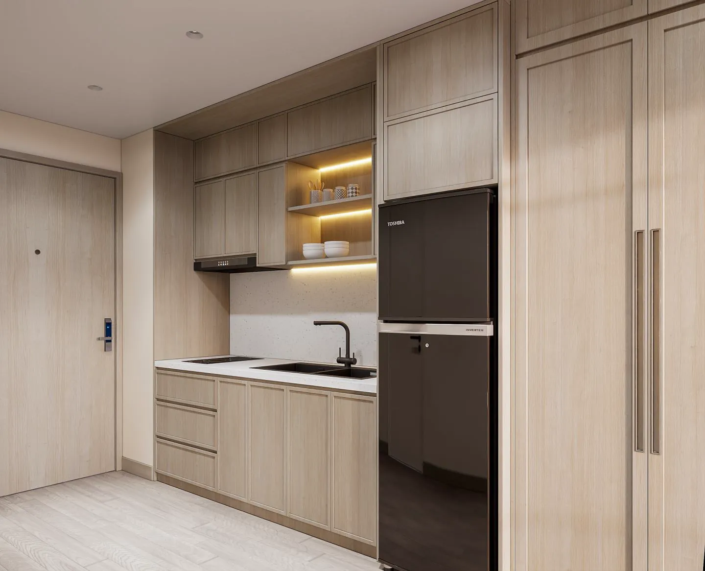 Tủ bếp và tủ áo liền tường căn Studio The Onsen theo tiêu chuẩn bàn giao Charmora City, phối cảnh của chủ đầu tư