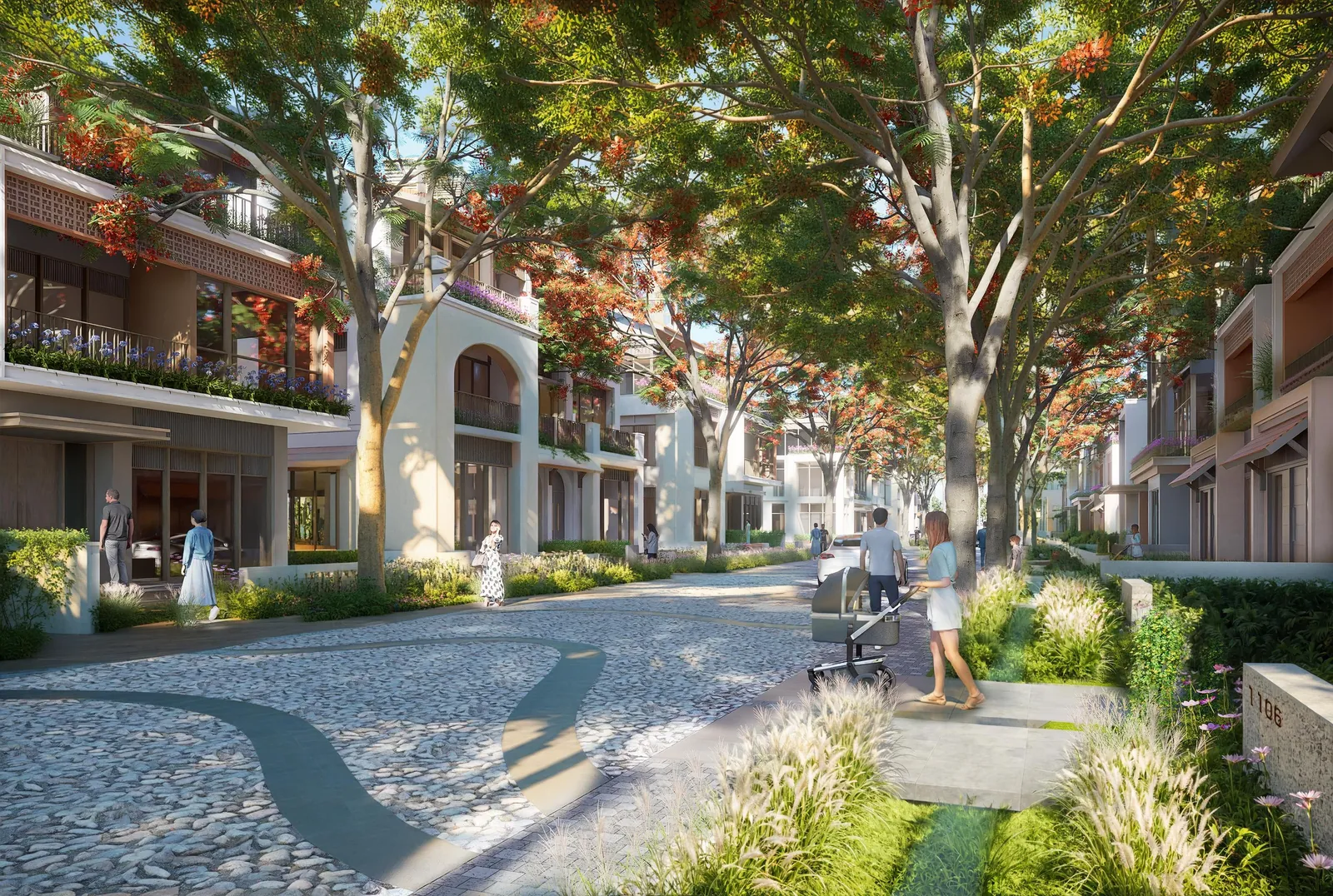 Tuyến phố thấp tầng Charmora City nhìn từ tầm mắt người đi bộ